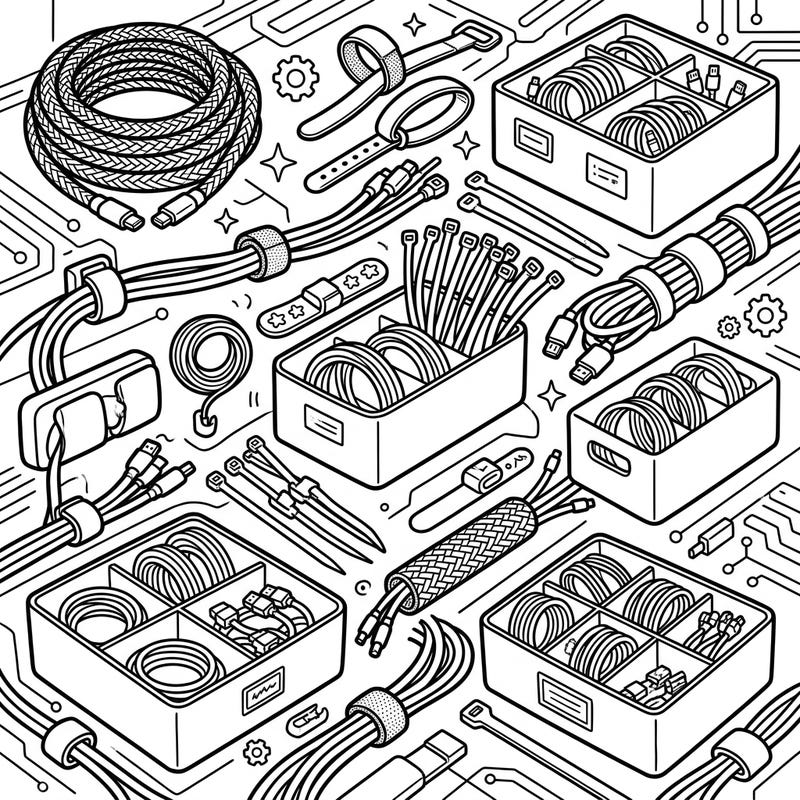 Bring order to the chaos with this engaging coloring page dedicated to cable management solutions. Explore a variety of sleeves, ties, and storage boxes, all ready for your creative touch.