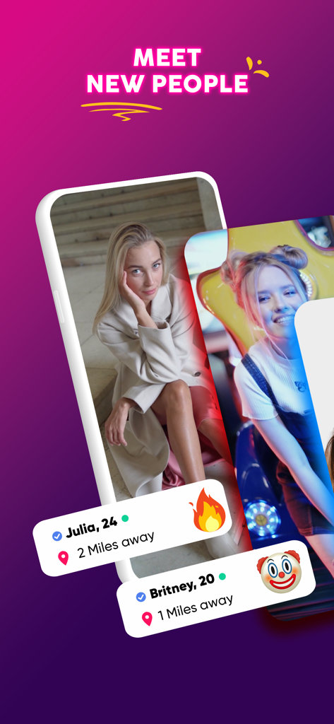 Una captura de pantalla de la aplicación de citas Whoo que muestra tarjetas de perfil de mujeres jóvenes cercanas con detalles de distancia y edad