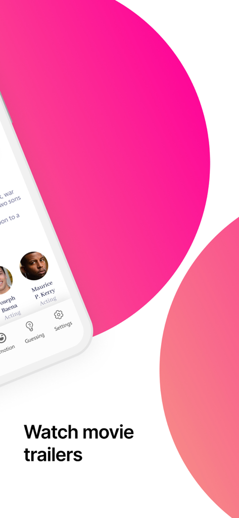Interface de l'application Moto Auction montrant une fonctionnalité pour regarder des bandes-annonces de films et parcourir les membres du casting.