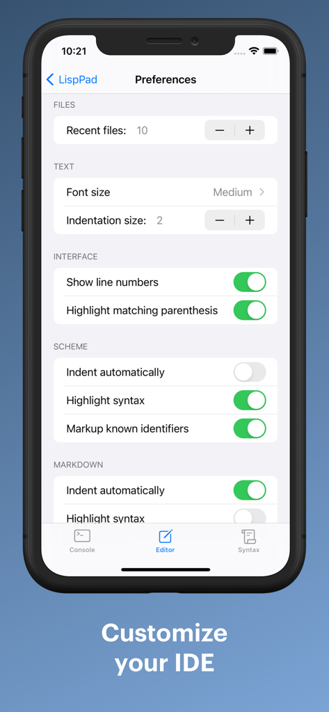 LispPad Go - LispPad Go preferences menu showing customization options for the code editor interface and scheme settings