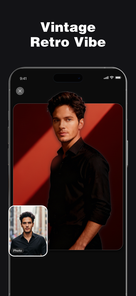 PixMuse: AI Photo Editor - PixMuse app interface showing a vintage retro AI filter applied to a male portrait