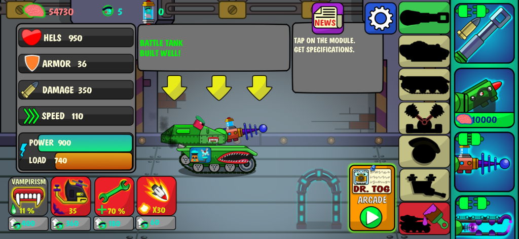 A green tank being customized with various modular parts and stats in the TankCraft game menu