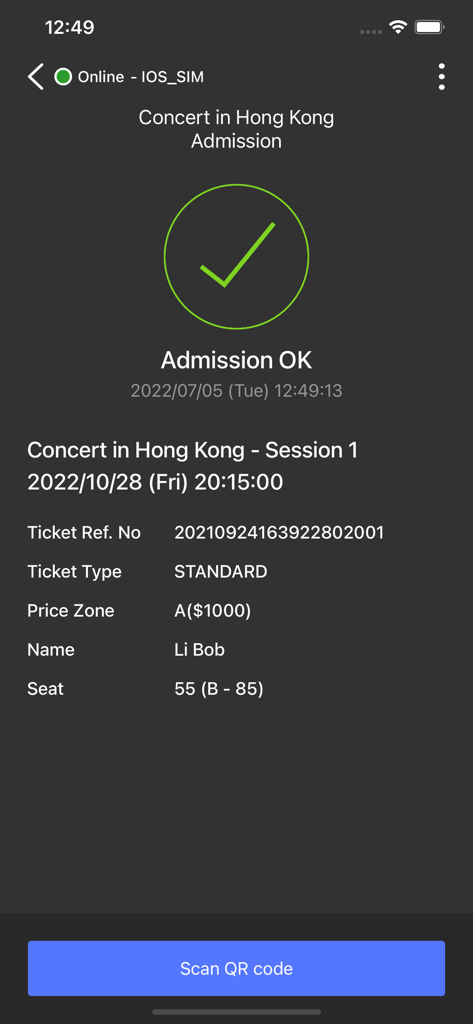 Pantalla de la aplicación Cityline Partner que muestra la confirmación de admisión de entrada exitosa