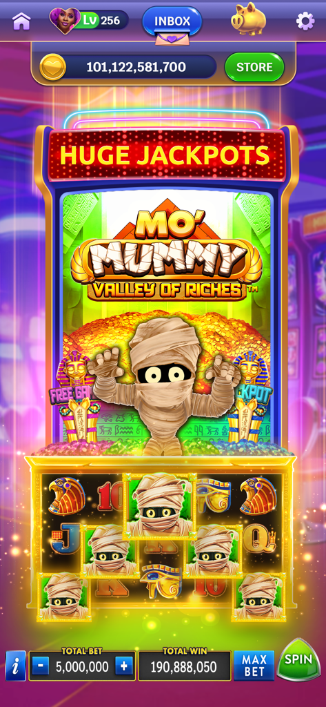 Heart of Vegas Mo Mummy slot machine game screen with Egyptian theme and huge jackpot banner