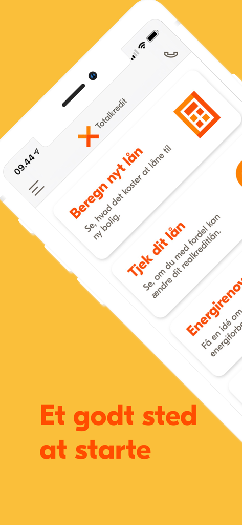 Interface do aplicativo móvel Totalkredit mostrando opções para calcular uma nova hipoteca ou verificar um empréstimo imobiliário existente