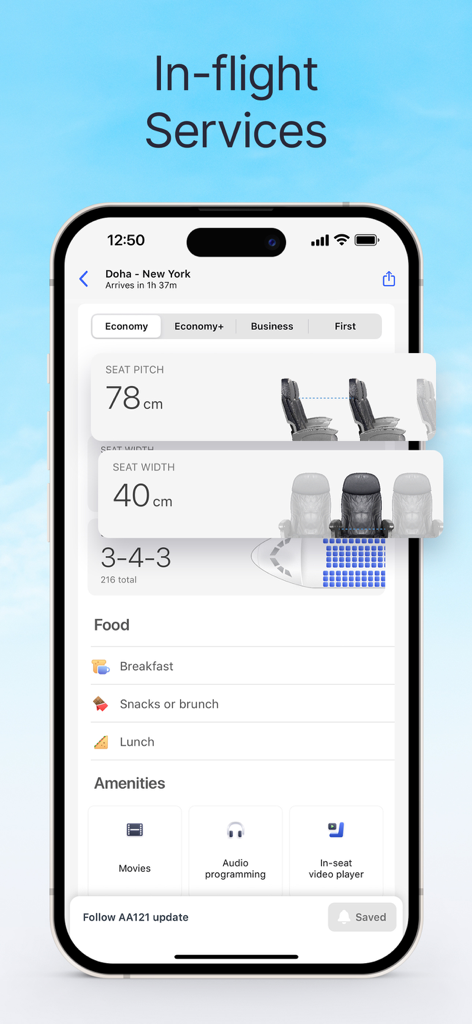 In-flight services screen showing seat dimensions, meal options, and entertainment amenities