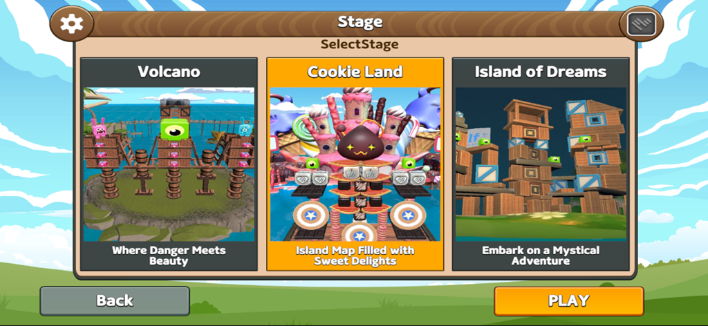 Crazy Birdie - Level selection screen for the Crazy Birdie mobile game showing Volcano Cookie Land and Island of Dreams stages