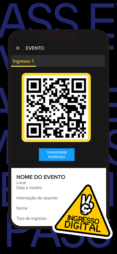 EVENTIM Brasil - Mobile screen showing an EVENTIM Brasil digital ticket with a QR code and seat information.