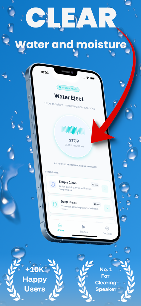 Interface of the Water Eject app showing programs to clear water and moisture from phone speakers