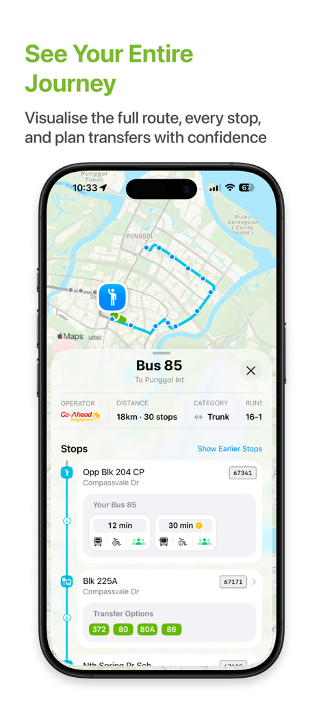 Bustro: Singapore Bus - Bustro app interface showing a complete bus route map and arrival times for a Singapore bus service