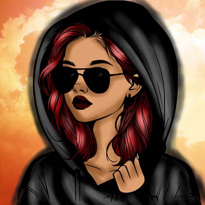 realistic teenage girl, wearing a hoodie and sunglasses