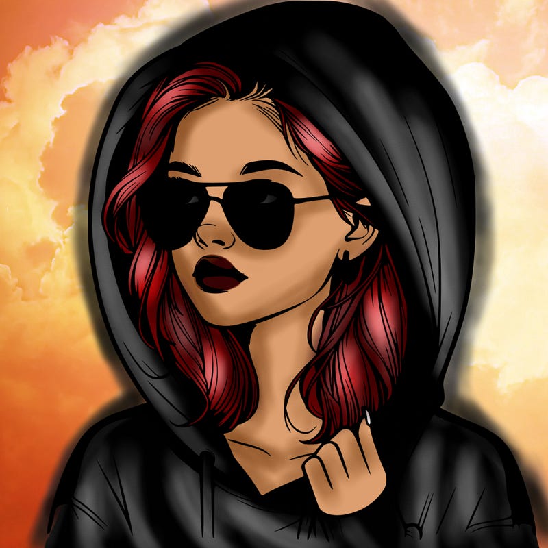 realistic teenage girl, wearing a hoodie and sunglasses