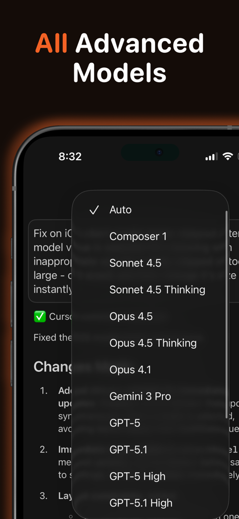 A mobile interface showing a list of advanced AI models like GPT-5 and Claude 4.5 for coding