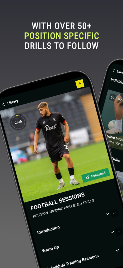 A smartphone screen showing the PAPS Training app interface featuring position specific football drills and training sessions.