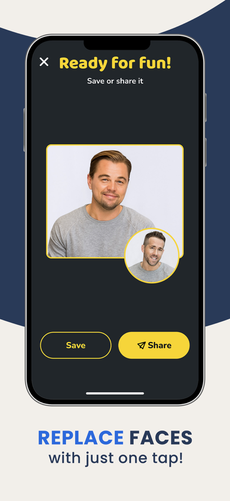 Screen showing a face swap result between two celebrities with save and share buttons.