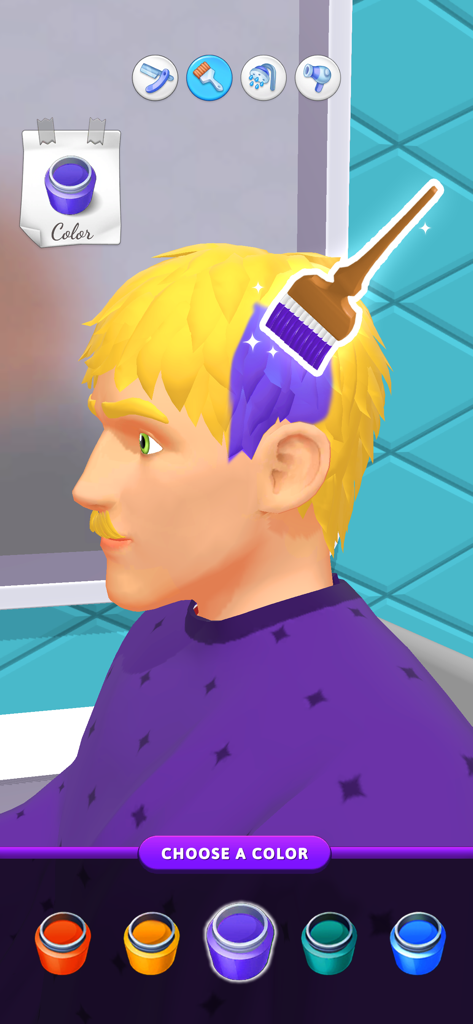 Un personaje tiñéndose el cabello rubio de morado con un pincel en el simulador de barbería.
