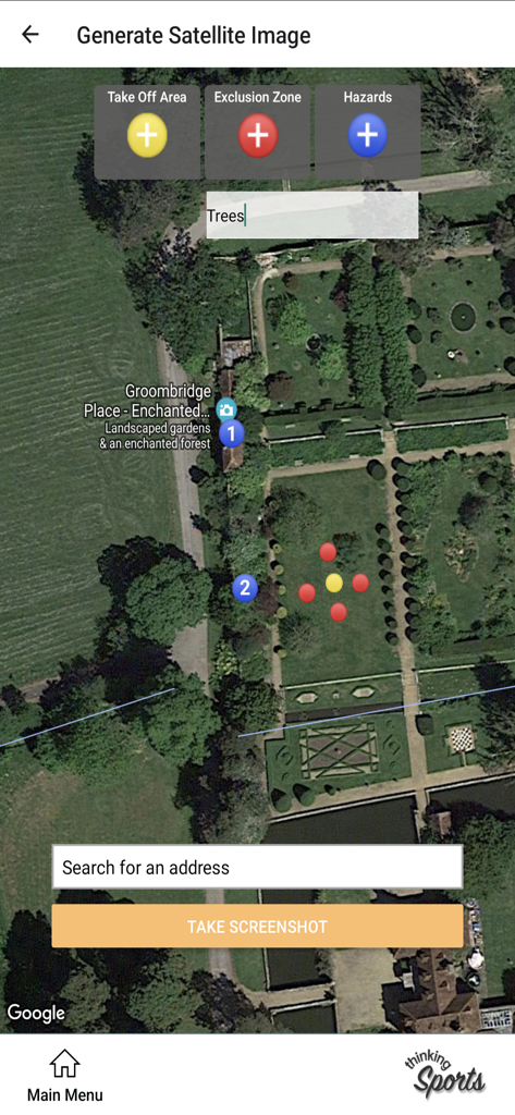 Satellite map view in UAV Pilot Pal app showing tools to mark takeoff areas, exclusion zones, and hazards for drone mission planning.