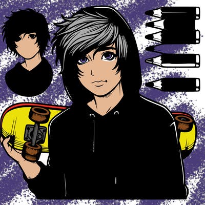realistic emo boy with skateboard