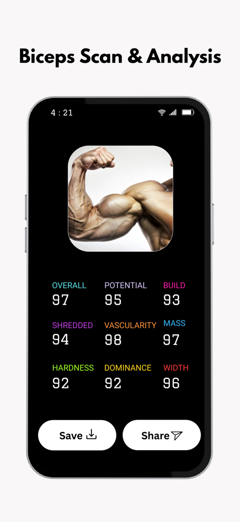 BodyIQ – Track Your Body - BodyIQ mobile app interface showing a biceps scan with AI-powered muscle metrics like vascularity, mass, and shredded score