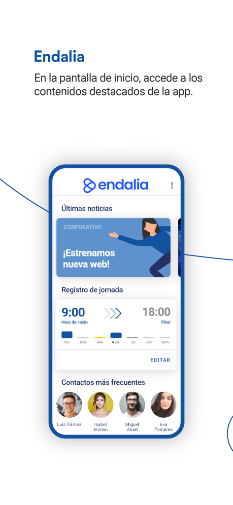 Endalia - Endalia HRモバイルアプリのホーム画面。最新ニュース、時間追跡、頻繁な連絡先が表示されています