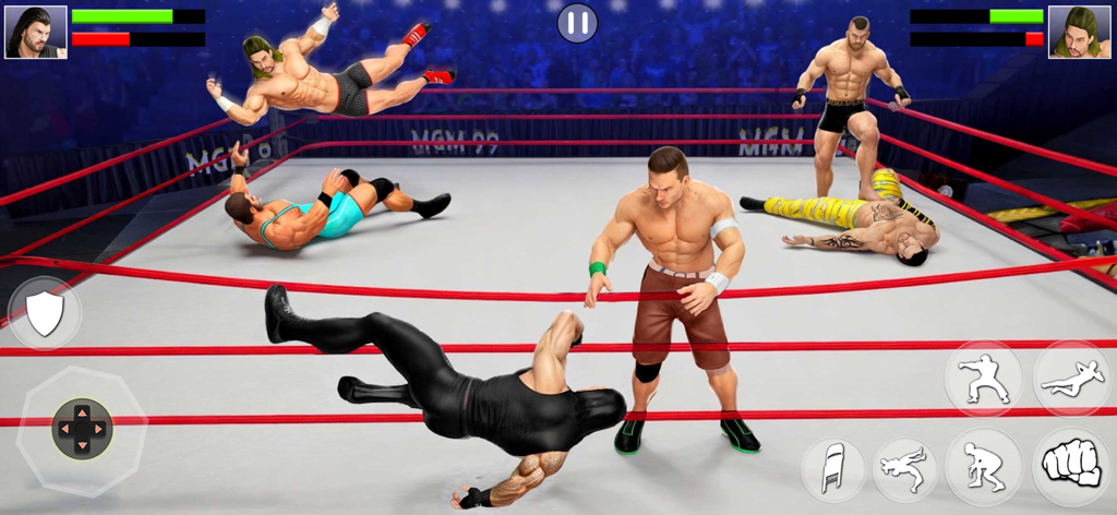 Real Wrestling : Fighting Game - 3D wrestling game screenshot showing a royal rumble match with multiple fighters in the ring