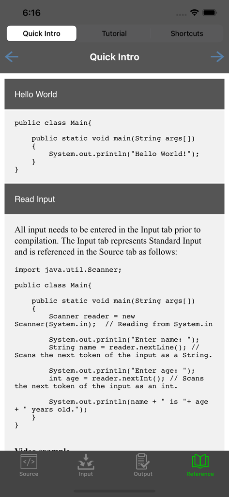 Jedona - Compiler for Java - Quick intro screen of Jedona Java compiler app with code examples