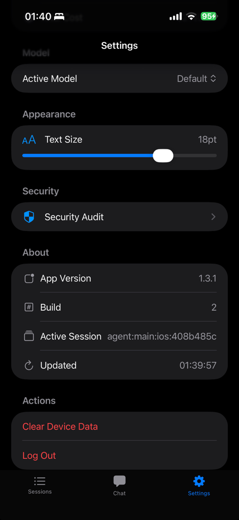 Claw AI Chat - The settings menu of the Claw AI Chat app featuring security audit and appearance options
