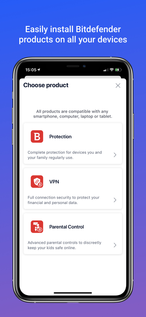Une interface mobile pour Bitdefender Central affichant les options permettant d'installer les services de protection, de VPN et de contrôle parental sur tous les appareils connectés.