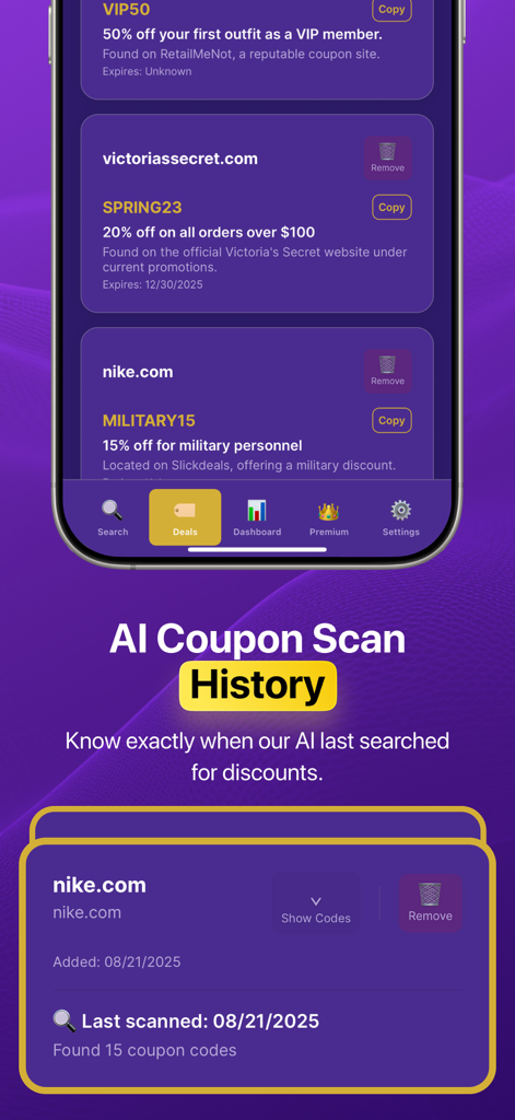 Mobile app interface showing AI coupon scan history and found discounts for Nike