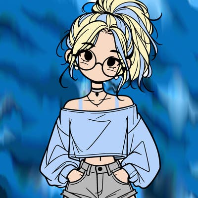 girl with a messy ponytail glasses a baggy crop top and jean shorts