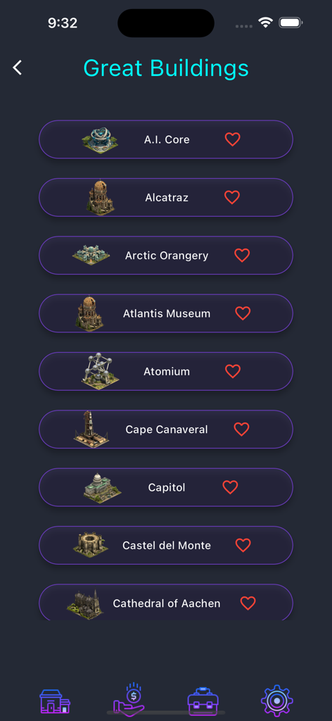 A list of Great Buildings like Alcatraz and Arctic Orangery in the FoE Companion app interface
