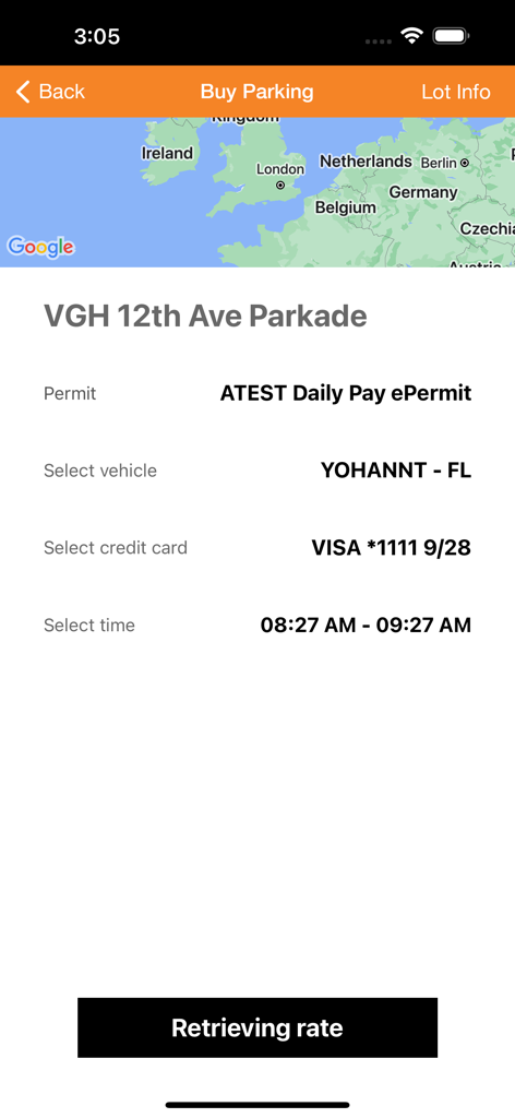 hangTag Canada: Park & Go - バンクーバーの駐車場に関する駐車料金詳細を表示するhangTagアプリのスマートフォンスクリーン。