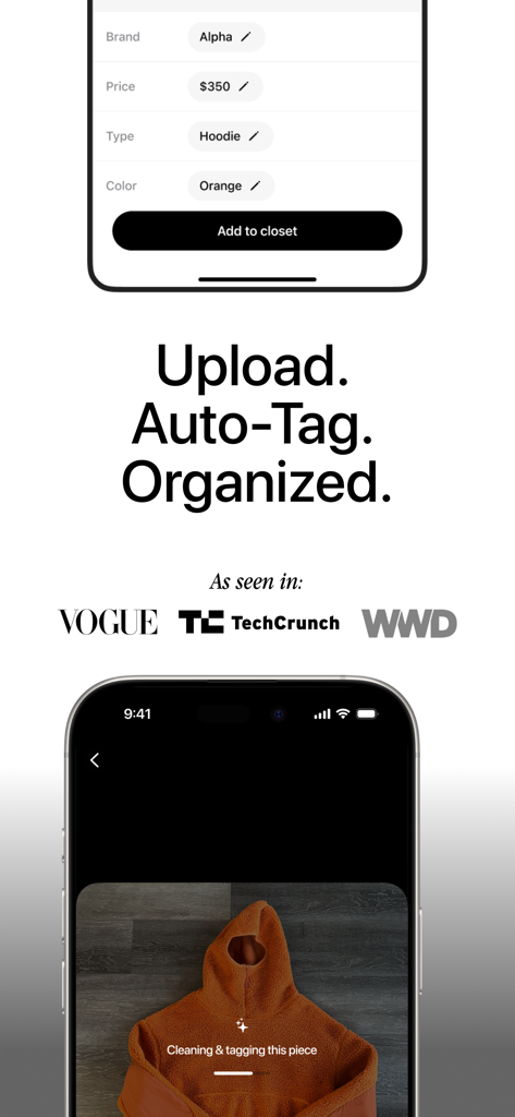 Fitted - Interfaz de la aplicación Fitted que muestra el etiquetado automático de IA de una sudadera con capucha naranja para un armario digital