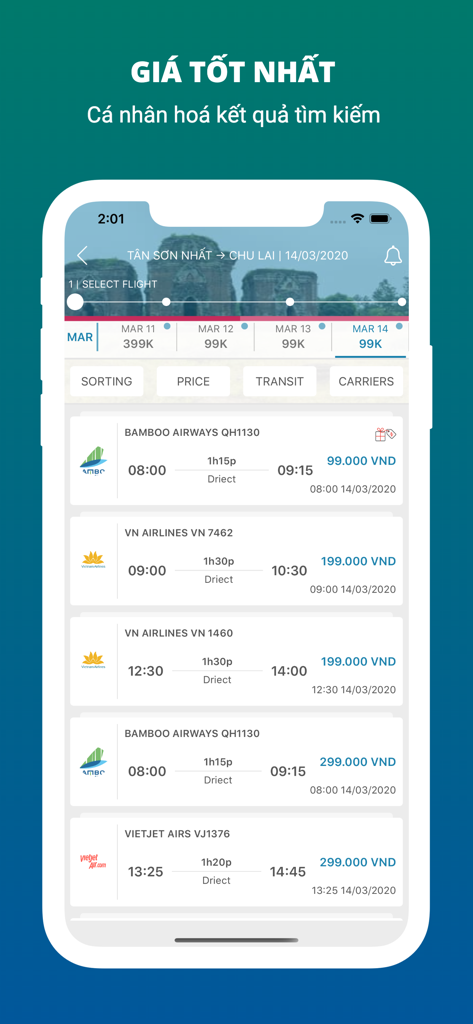 Săn Vé Máy Bay Giá Rẻ 12Bay.vn - 価格と航空会社のロゴが表示されたベトナム国内線のフライトオプションのリストを示すモバイルアプリ画面