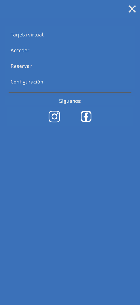 ASME - El menú de navegación de la aplicación deportiva ASME que muestra opciones para el inicio de sesión de reservas de tarjetas virtuales y la configuración