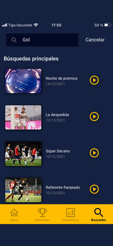 Tela de pesquisa do aplicativo Tigo Sports Paraguay mostrando os melhores destaques em vídeo para fãs de futebol.