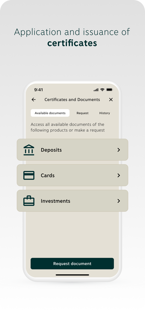 Piraeus Business app screen for requesting banking certificates and documents