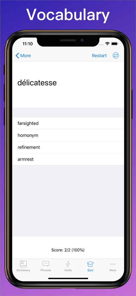 A vocabulary quiz in the French Dictionary app showing a French word and multiple-choice English translations.