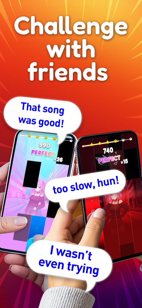 Magic Level 9: Tap Piano Game -  iPhonesでマジックレベル9ピアノゲームをプレイする2人の人々。競争的なチャットバブルが付いています。