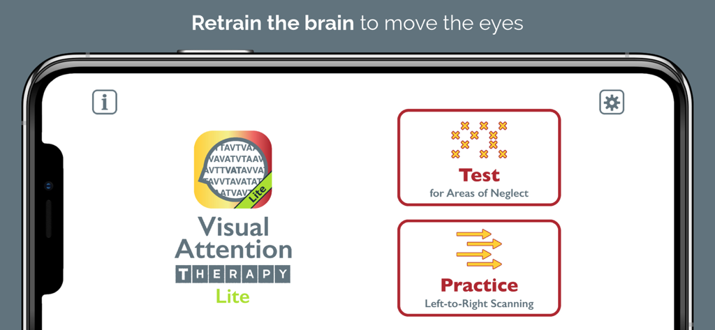 Visual Attention Therapy Lite app main menu featuring Test and Practice mode options.