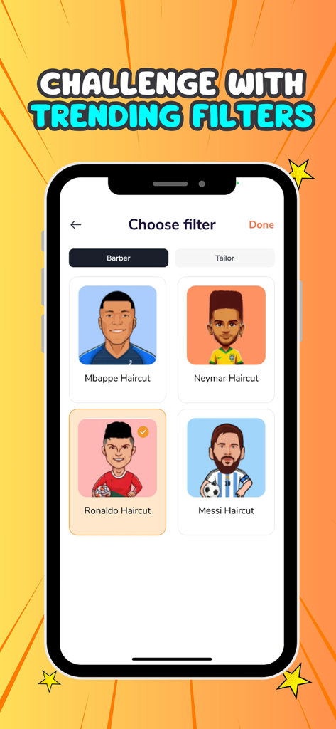 Filter Challenge: Master Cut - El menú de un smartphone muestra filtros de barbero de moda con caricaturas de futbolistas famosos como Ronaldo y Messi.