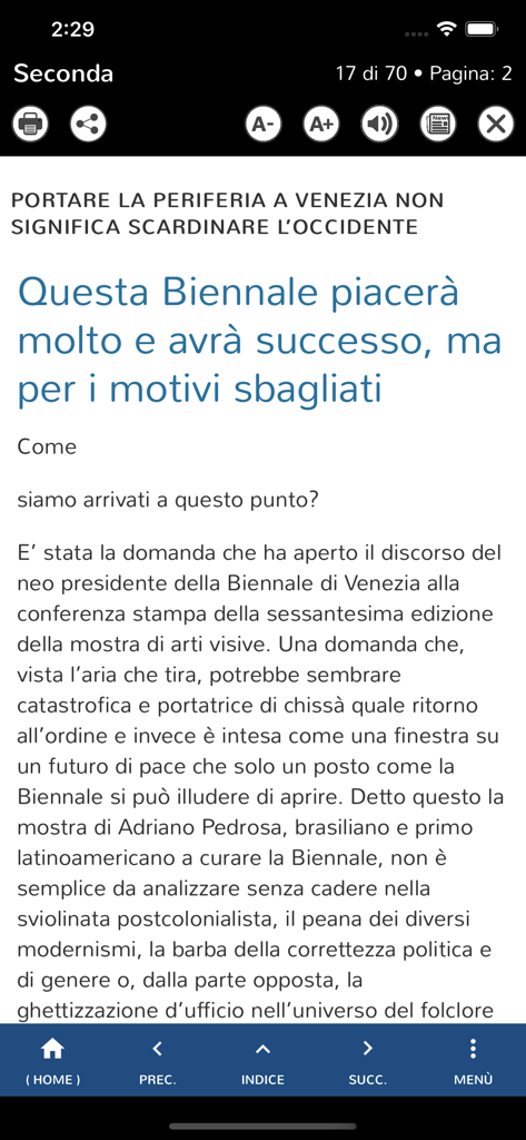 Il Foglio - Digital reading interface of Il Foglio app showing a full-length article about the Venice Biennale with typography and navigation controls.