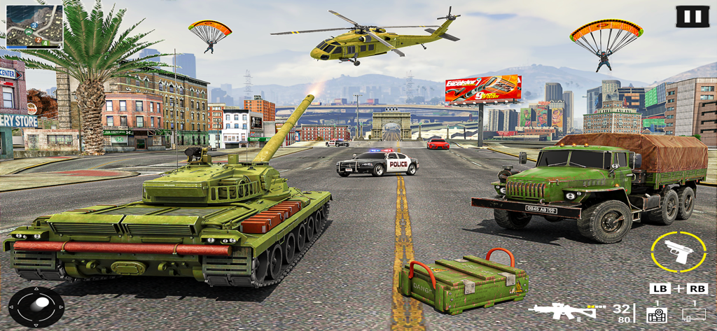 Military Vehicle Transport Sim - A military tank and transport truck on a city street with a helicopter overhead in a simulation game.