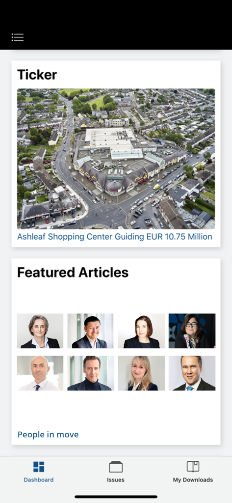 ACROSS Magazine app dashboard showing retail real estate news ticker and featured professional articles