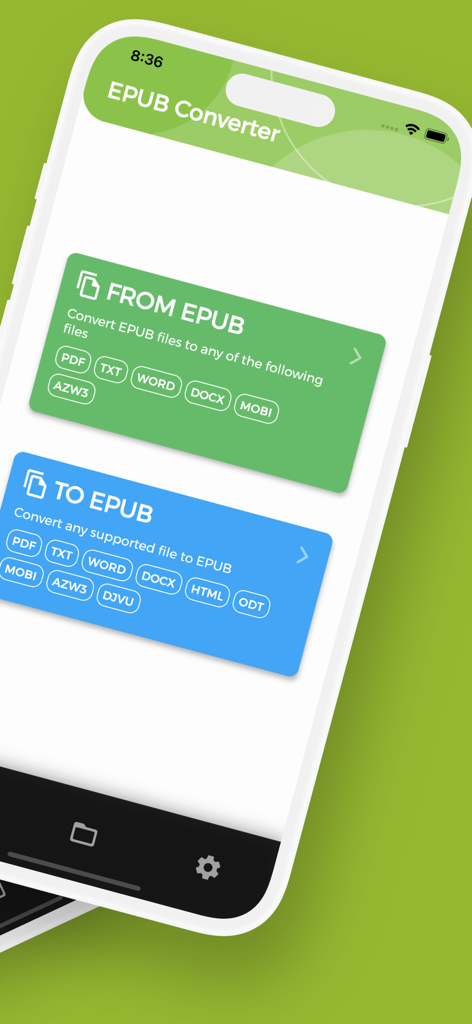 EPUB Converter, EPUB to PDF - Main screen of the EPUB Converter app showing options to convert from and to EPUB file formats