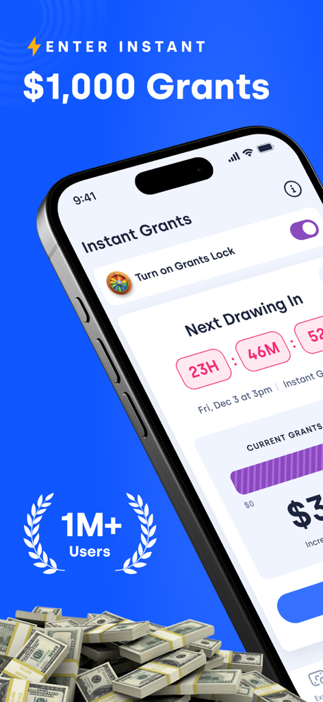 iPhone displaying the Skip app interface for one thousand dollar instant grants with a countdown timer and a pile of cash