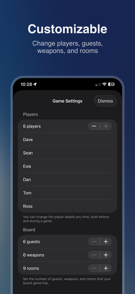 Cluedo Notes - Game settings screen in Cluedo Notes for customizing players and board items
