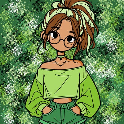 girl with a messy ponytail glasses a baggy crop top and jean shorts