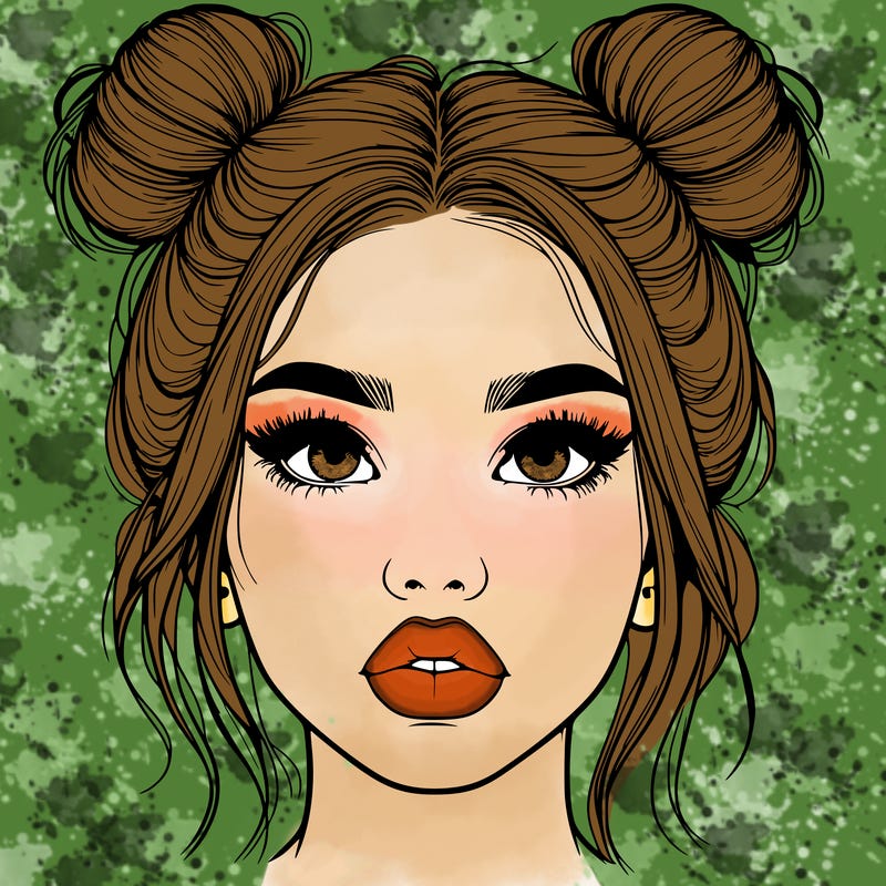 realistic girl with two buns on her hair and lips