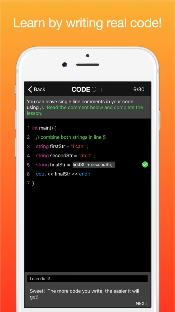 Learn C++ Programming - Mobile app interface showing an interactive C plus plus lesson where the user successfully completes a string concatenation coding exercise
